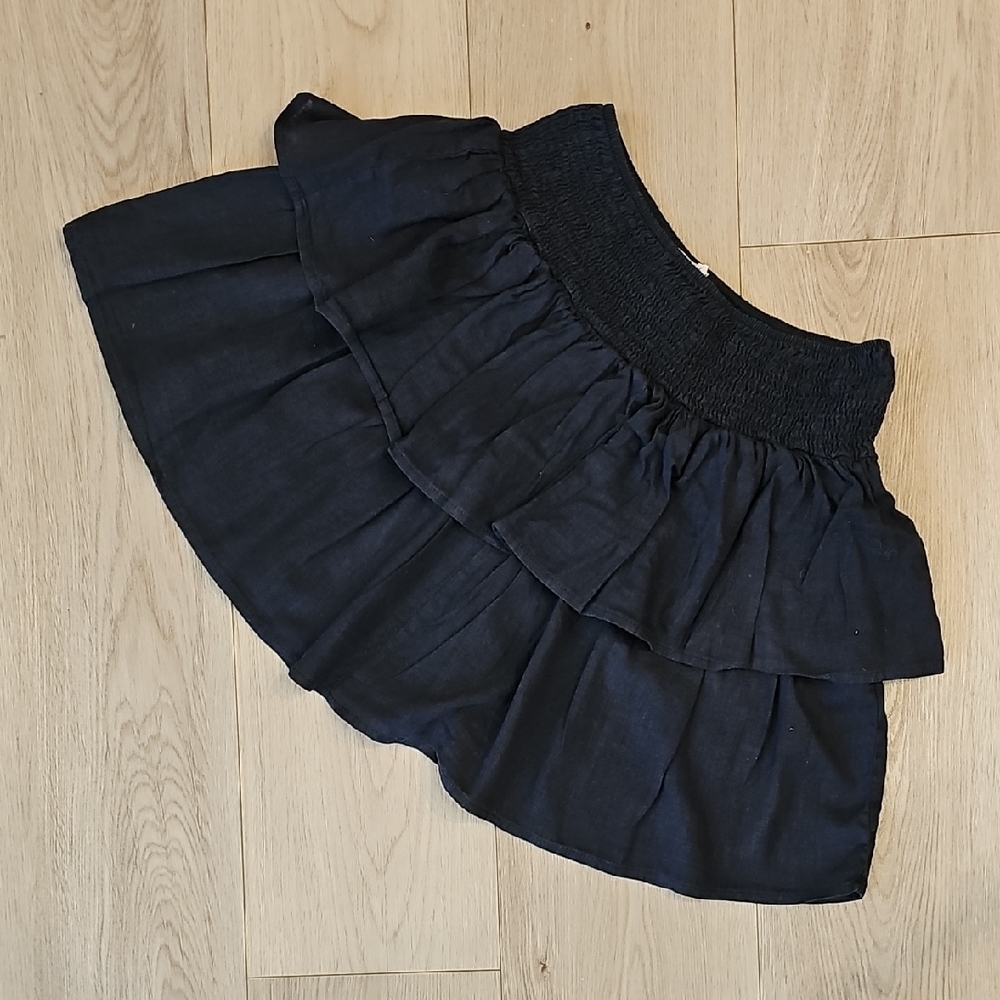 Subdued Viscose Linen Navy Blue Ruffle Tiered Stretchy Waistband Mini Skirt, Med